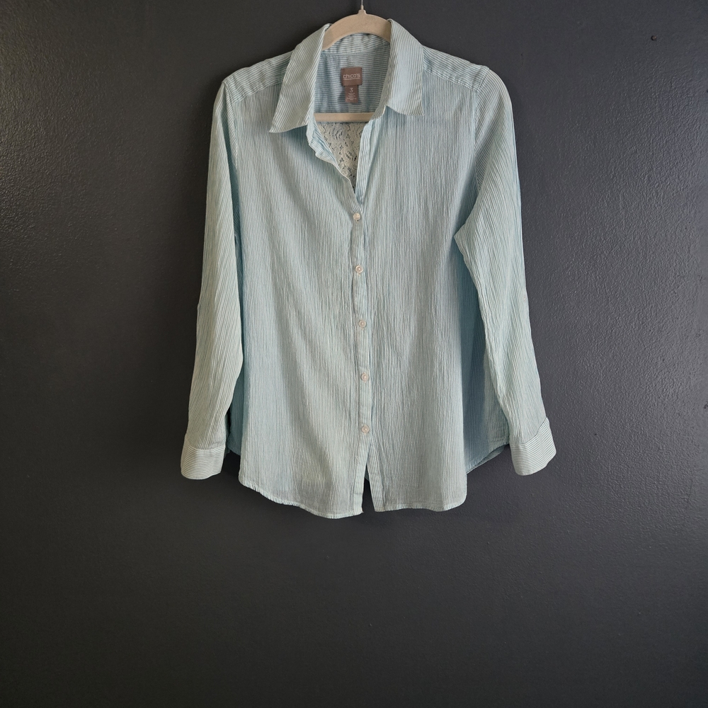 Chico's 3 Cotton Long Sleeve XL Women's Teal Blouse With Lace Back Detail